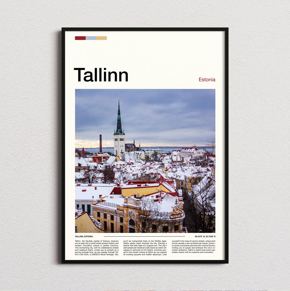 Tallinn Snowy Old Town Travel Print framed and photographed straight on