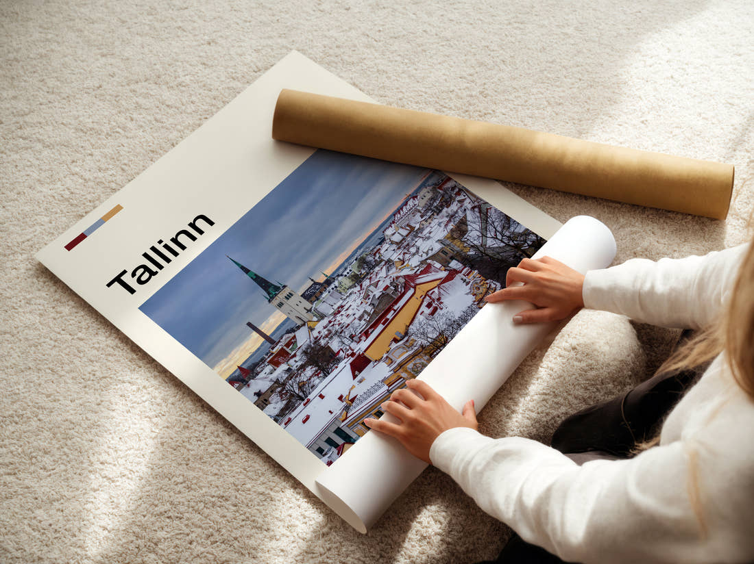 Tallinn Snowy Old Town Travel Print being unrolled from its postal tube
