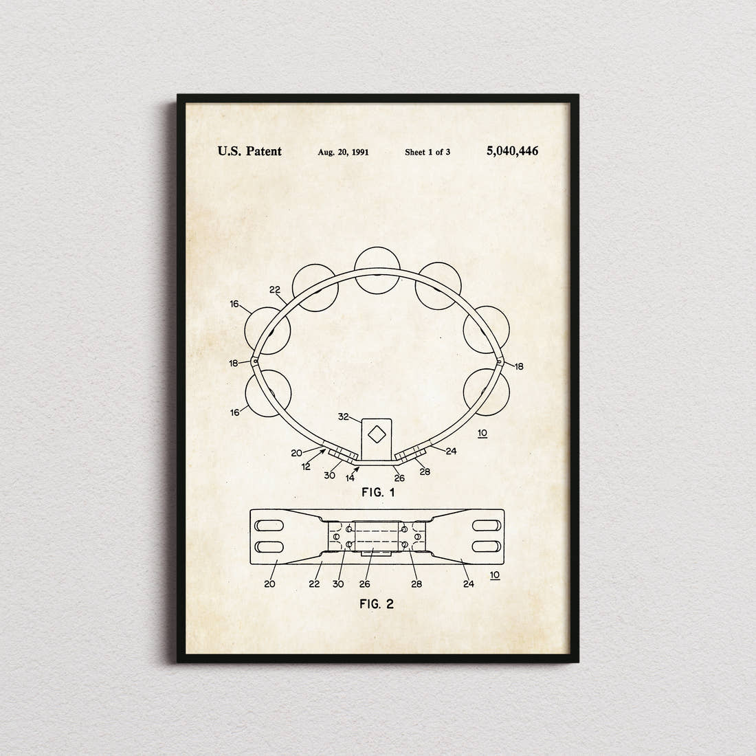 Tambourine Patent Print in the aged paper colourway, framed
