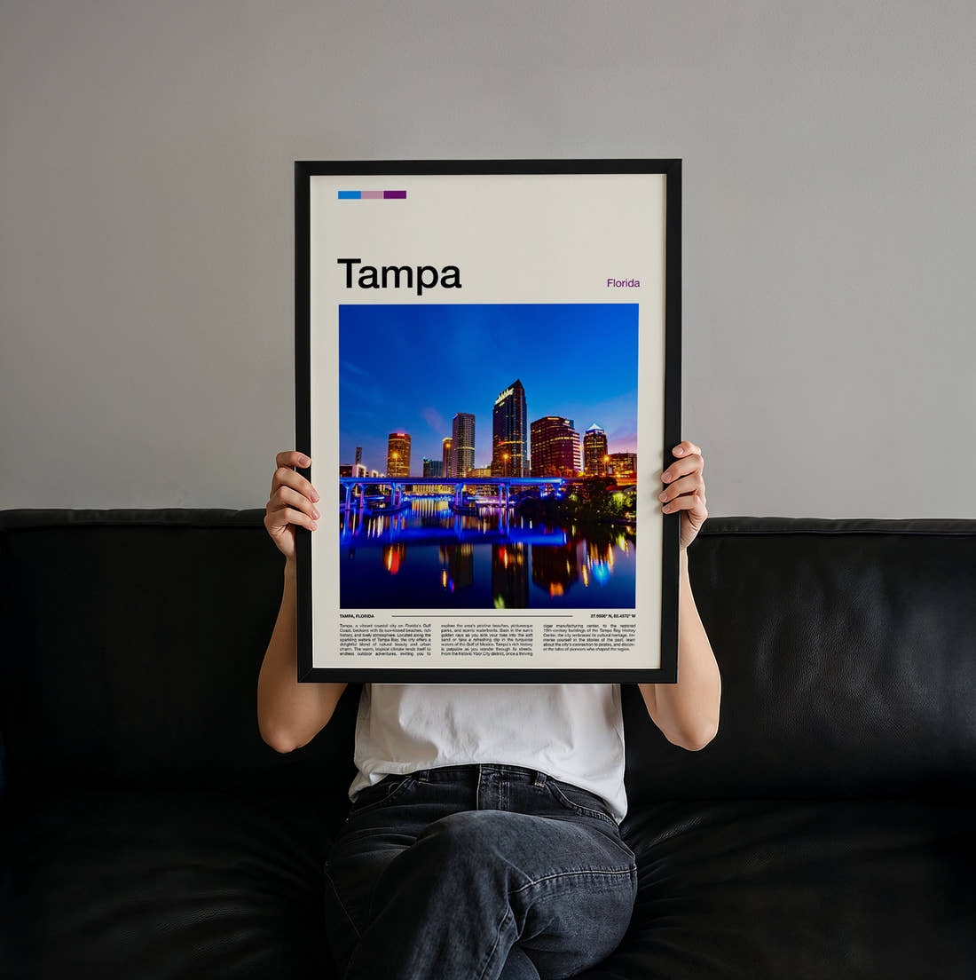 Tampa Night Skyline Travel Print held up by hand to show the size of the print