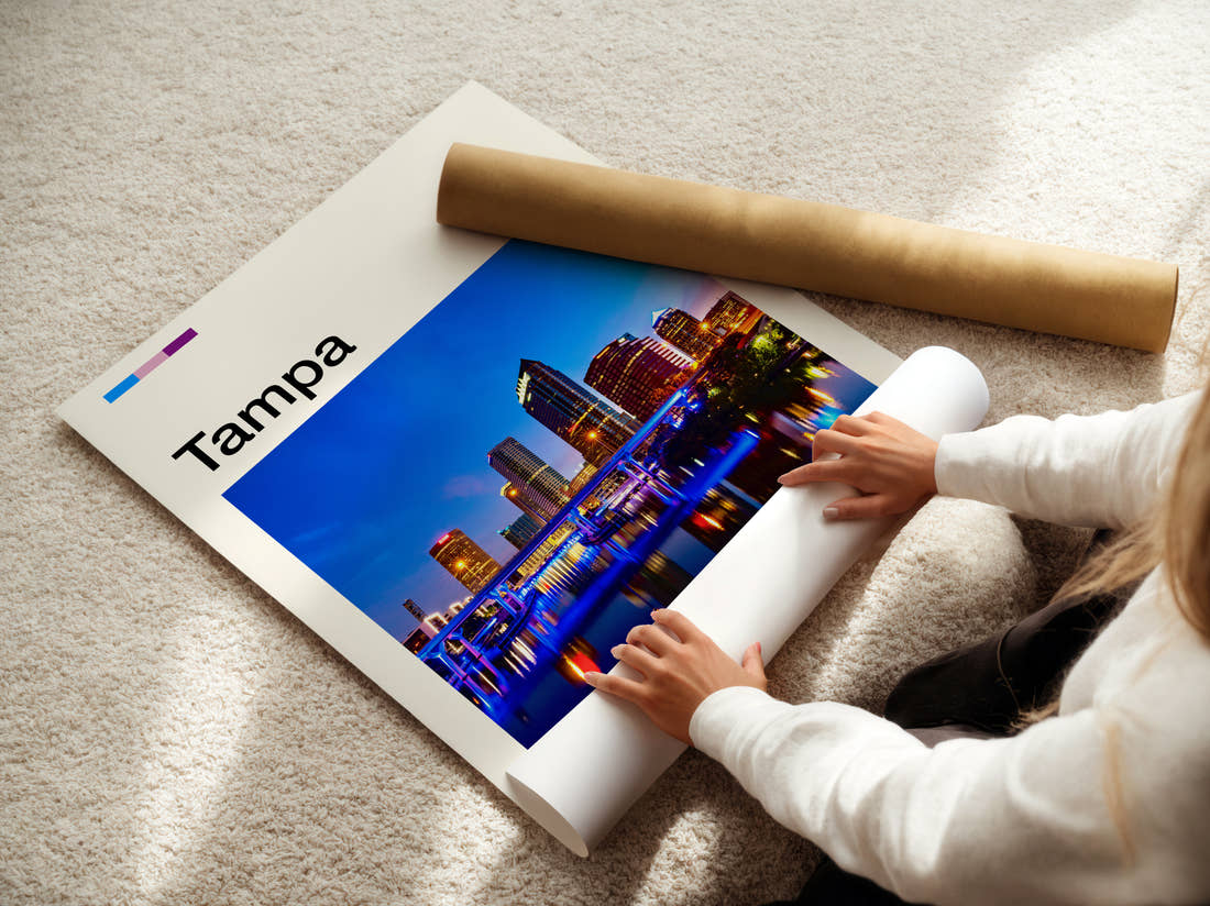 Tampa Night Skyline Travel Print being unrolled from its postal tube