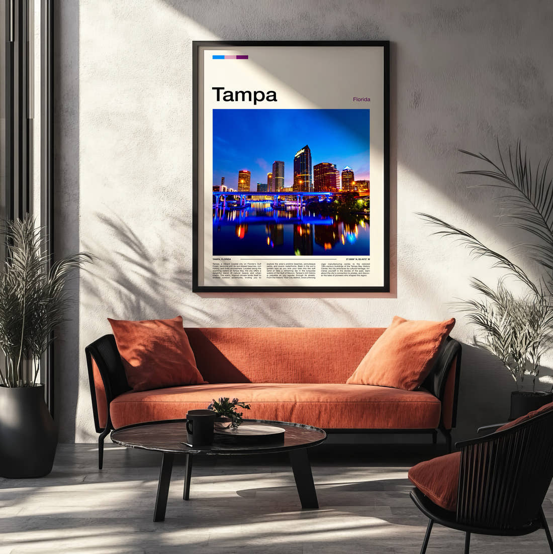 Tampa Night Skyline Travel Print framed on the wall of a modern living room