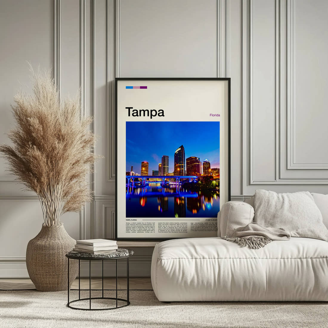 Tampa Night Skyline Travel Print framed on the wall of a calm, neutral bedroom