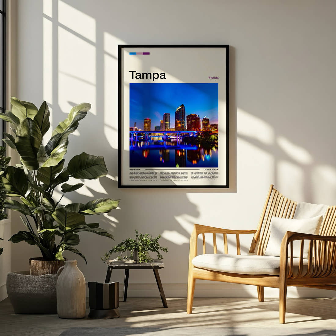 Tampa Night Skyline Travel Print framed on a pale wall beside houseplants
