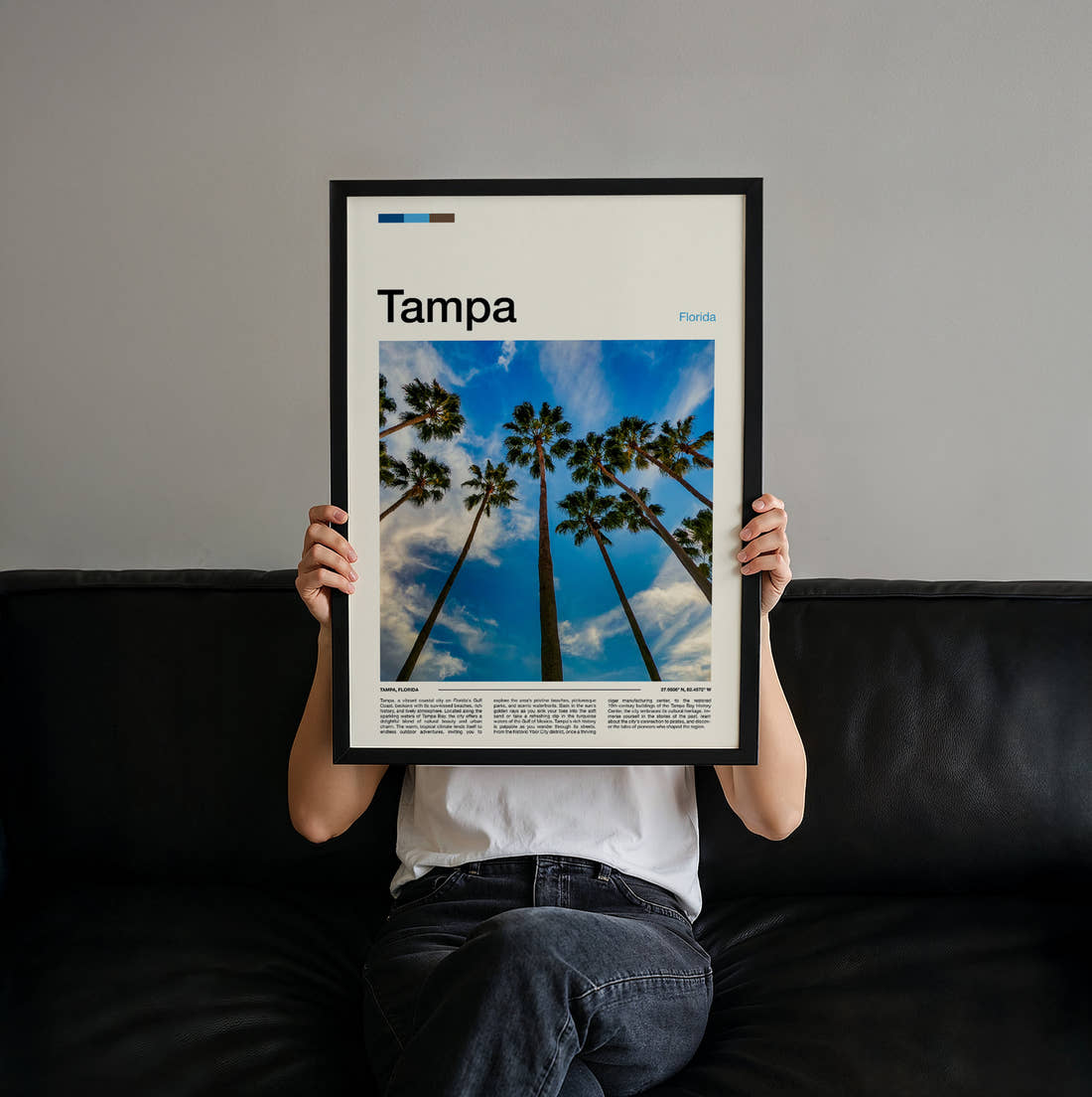 Tampa Palm Trees Travel Print held up by hand to show the size of the print