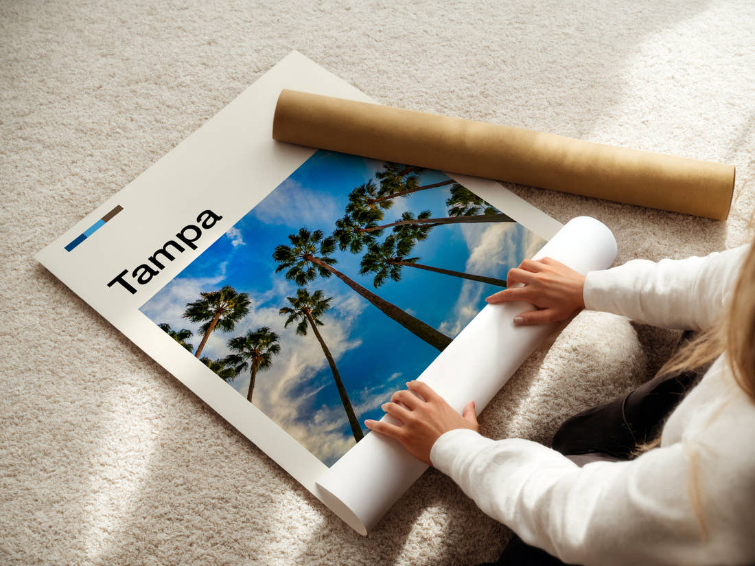 Tampa Palm Trees Travel Print being unrolled from its postal tube