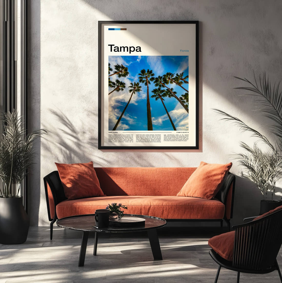 Tampa Palm Trees Travel Print framed on the wall of a modern living room