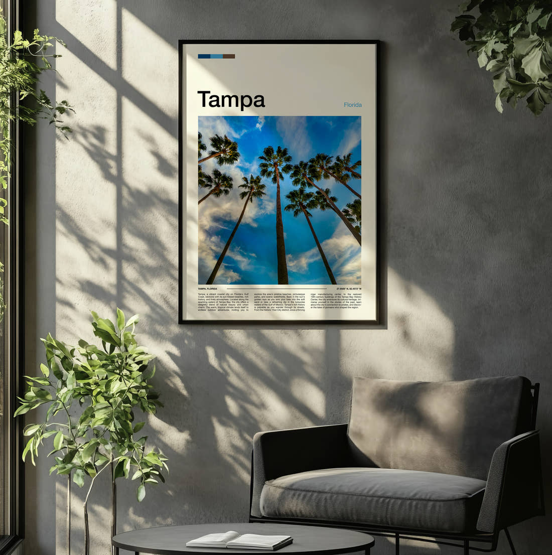 Tampa Palm Trees Travel Print framed on the wall of a relaxed living room