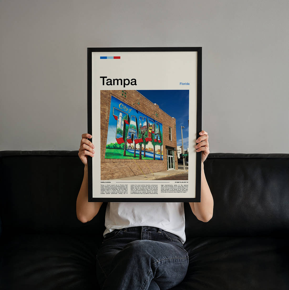 Tampa Painted Wall Mural Travel Print held up by hand to show the size of the print