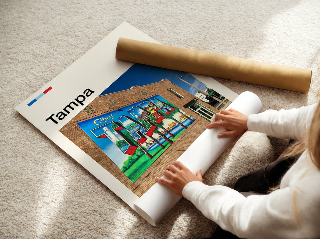 Tampa Painted Wall Mural Travel Print being unrolled from its postal tube
