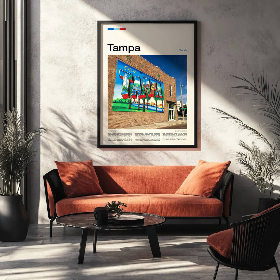 Tampa Painted Wall Mural Travel Print framed on the wall of a modern living room