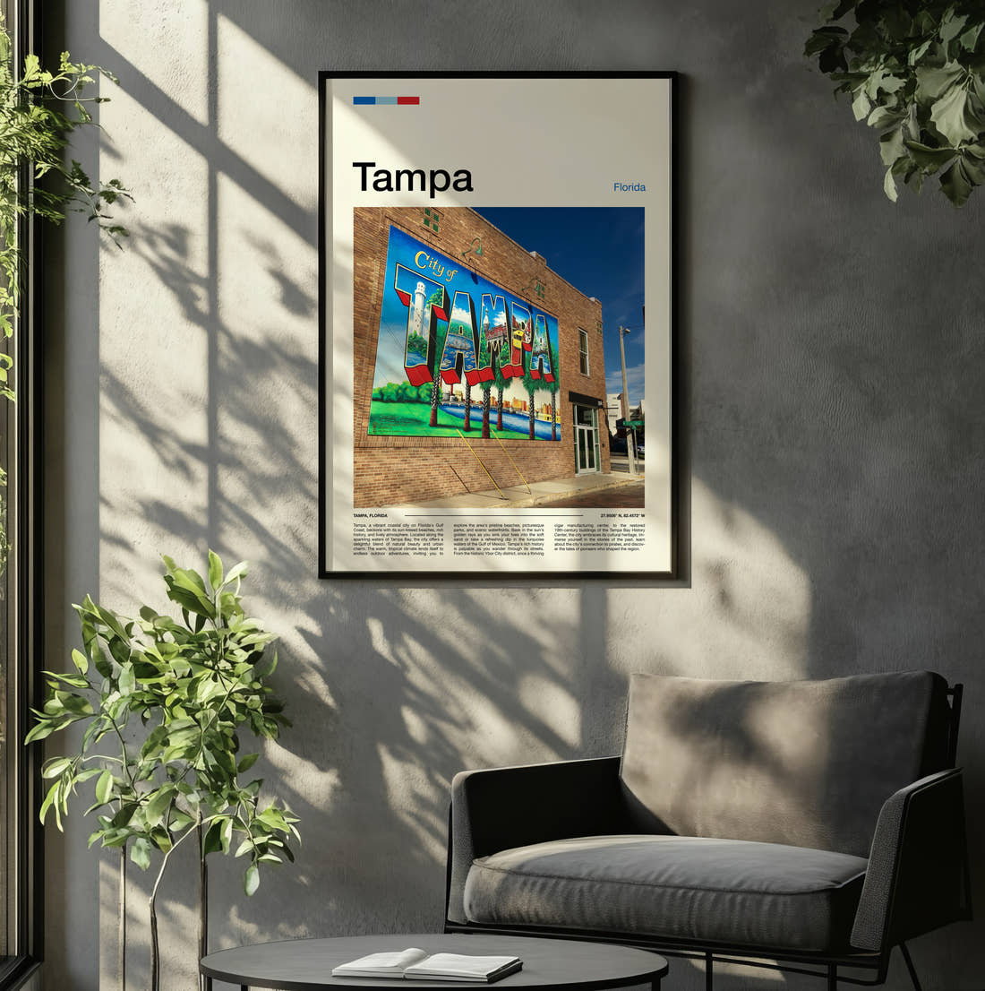 Tampa Painted Wall Mural Travel Print framed on the wall of a relaxed living room