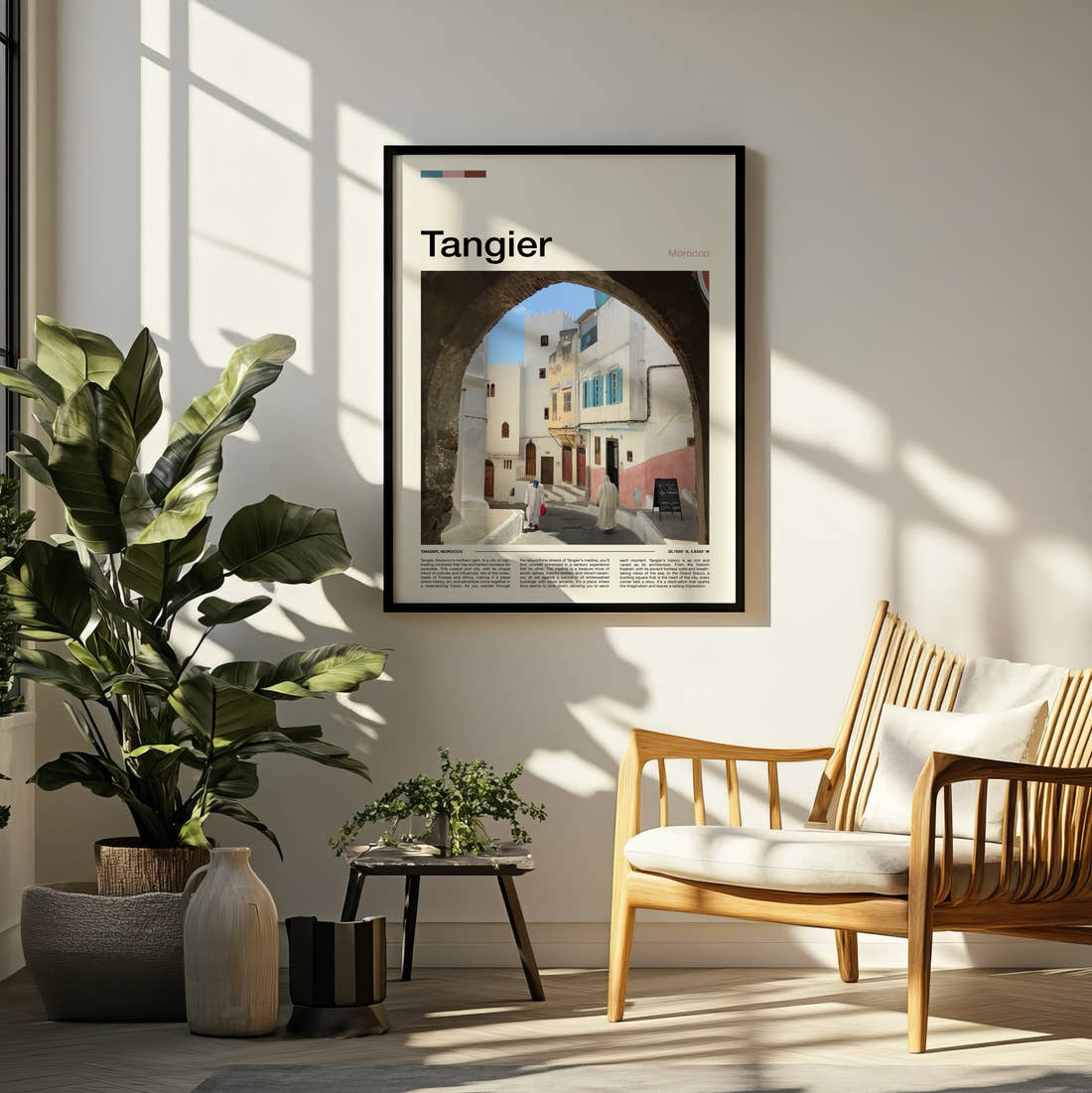 Tangier Archway In The Medina Travel Print framed on a pale wall beside houseplants