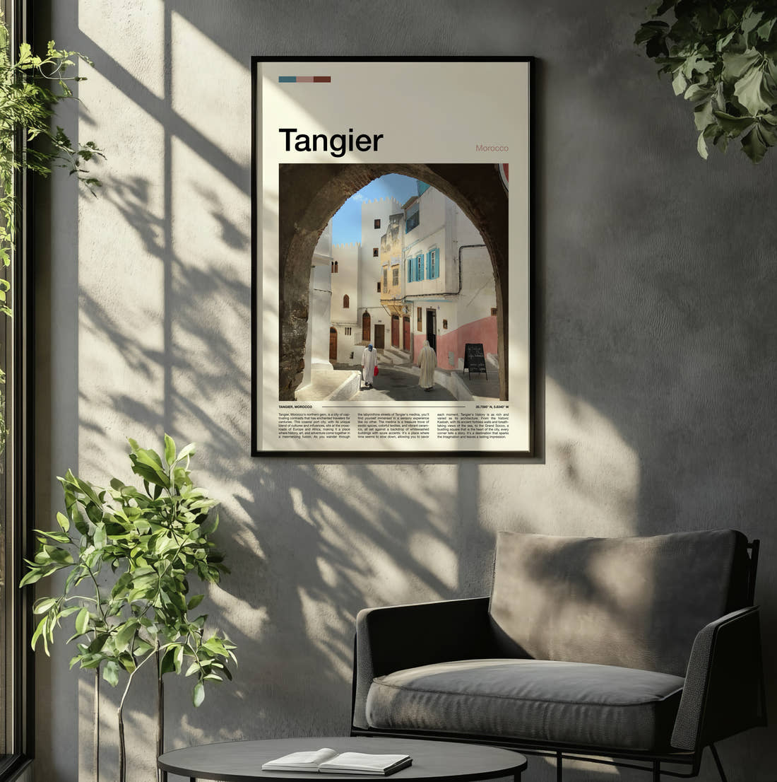 Tangier Archway In The Medina Travel Print framed on the wall of a relaxed living room