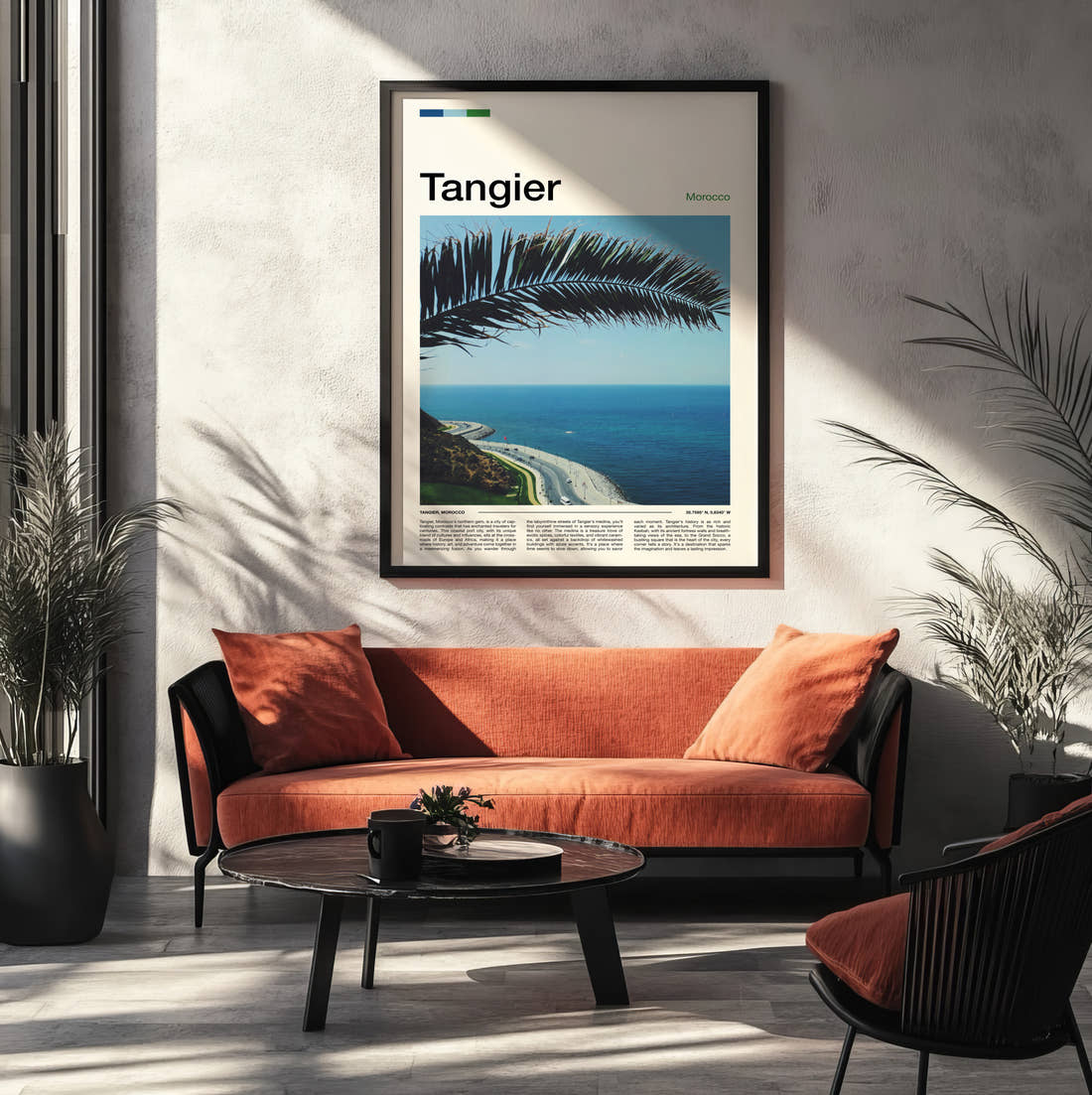 Tangier Palm Leaf Over Coast Travel Print framed on the wall of a modern living room