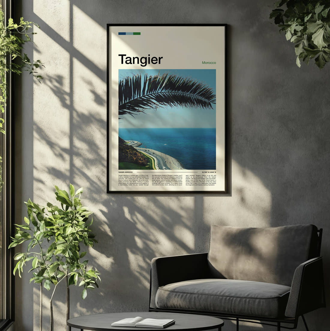 Tangier Palm Leaf Over Coast Travel Print framed on the wall of a relaxed living room