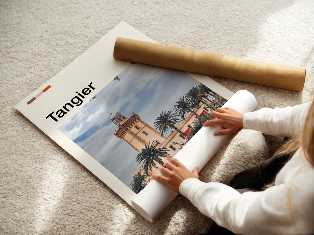Tangier Clock Tower Travel Print being unrolled from its postal tube