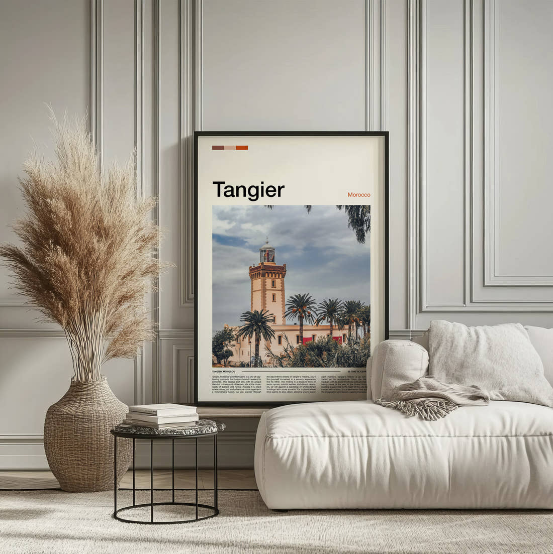 Tangier Clock Tower Travel Print framed on the wall of a calm, neutral bedroom