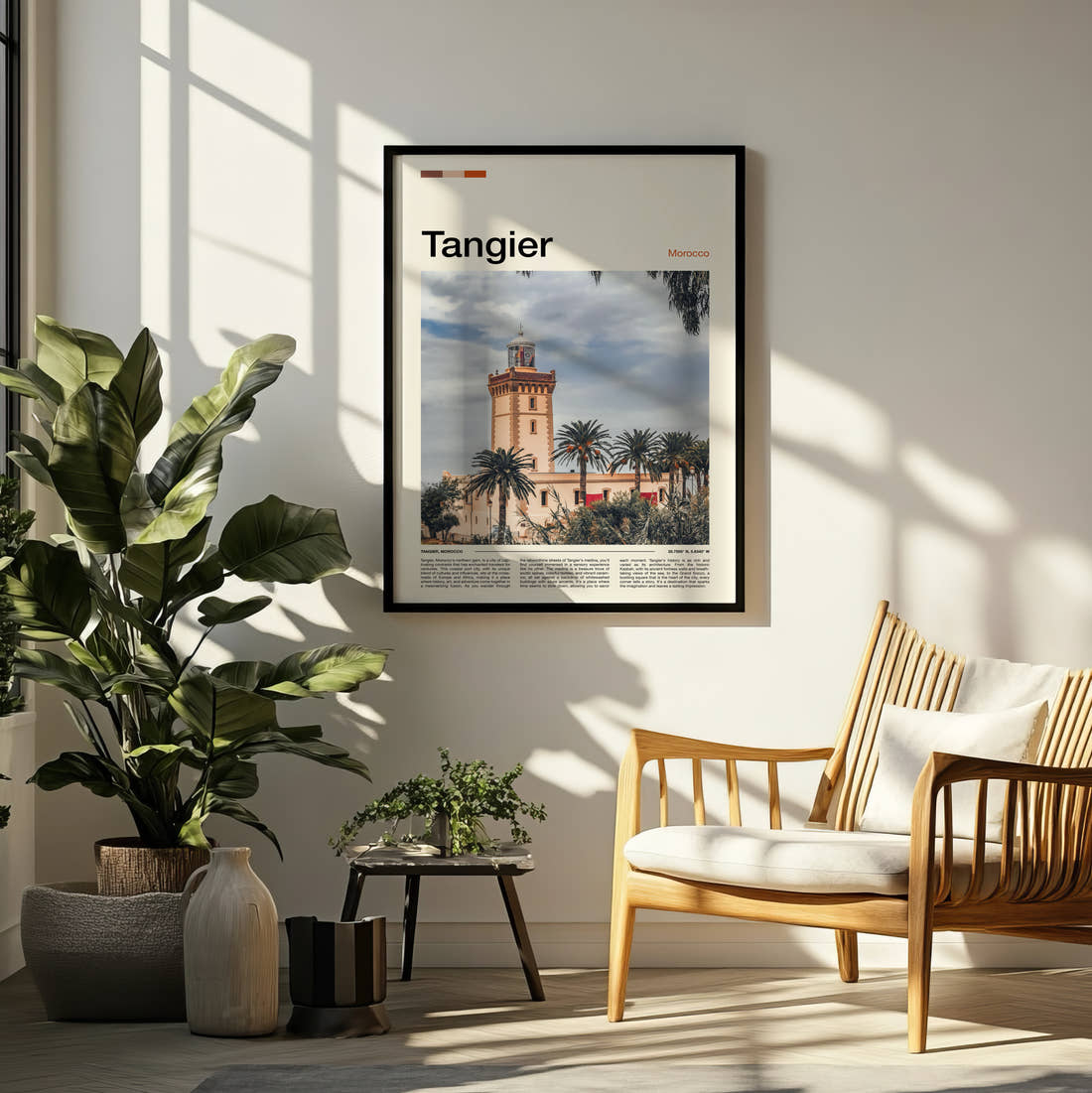 Tangier Clock Tower Travel Print framed on a pale wall beside houseplants