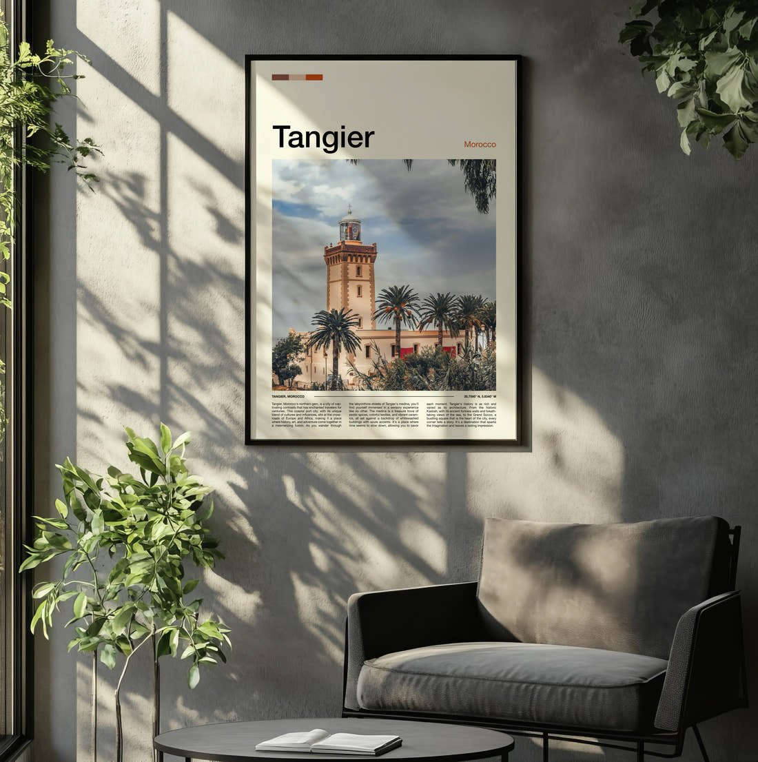 Tangier Clock Tower Travel Print framed on the wall of a relaxed living room