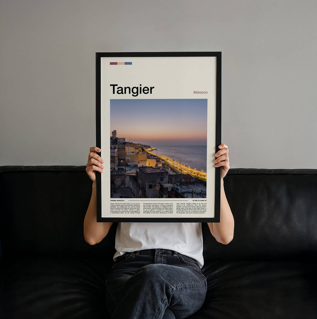 Tangier Hillside Town Above Sea Travel Print held up by hand to show the size of the print