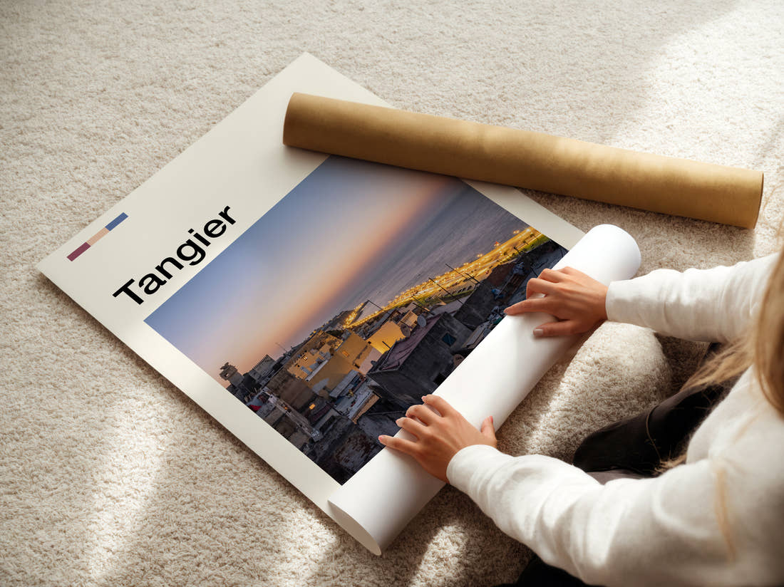 Tangier Hillside Town Above Sea Travel Print being unrolled from its postal tube