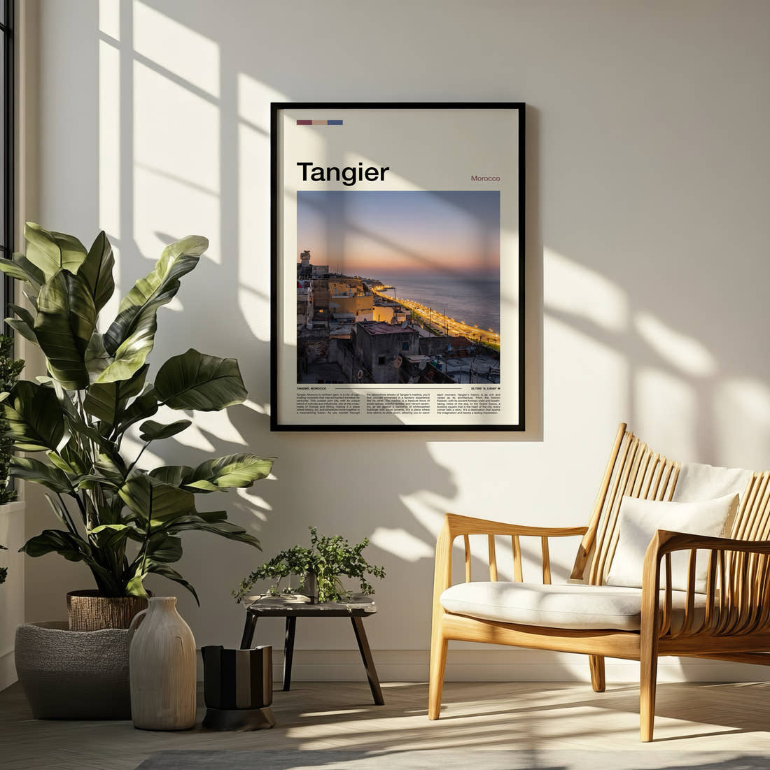 Tangier Hillside Town Above Sea Travel Print framed on a pale wall beside houseplants