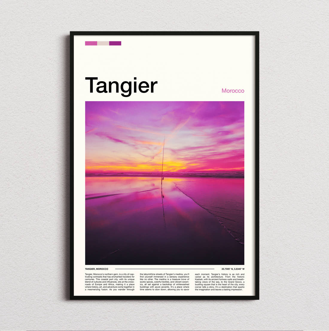 Tangier Pink Sunset Over Water Travel Print framed and photographed straight on