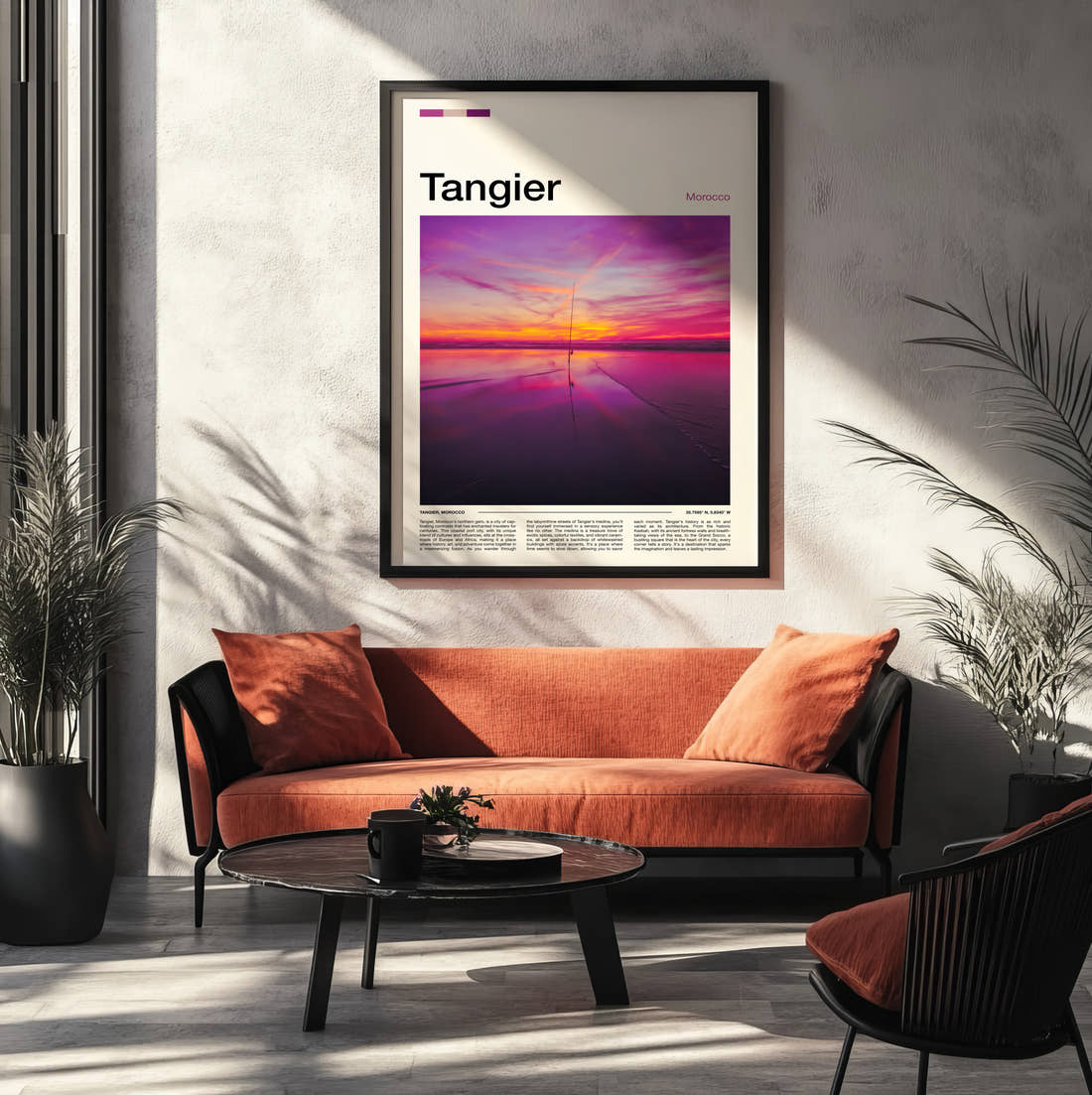 Tangier Pink Sunset Over Water Travel Print framed on the wall of a modern living room