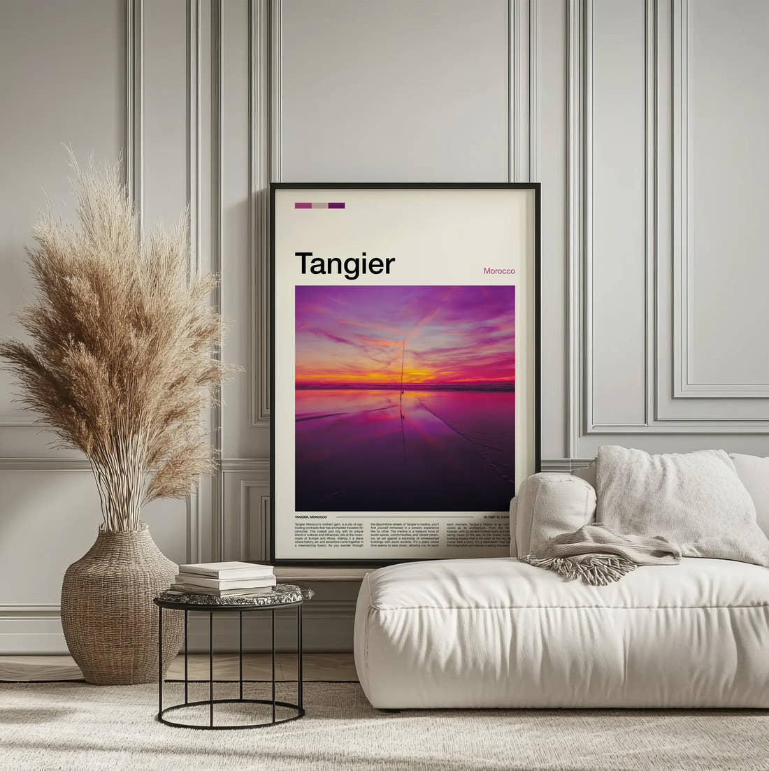 Tangier Pink Sunset Over Water Travel Print framed on the wall of a calm, neutral bedroom