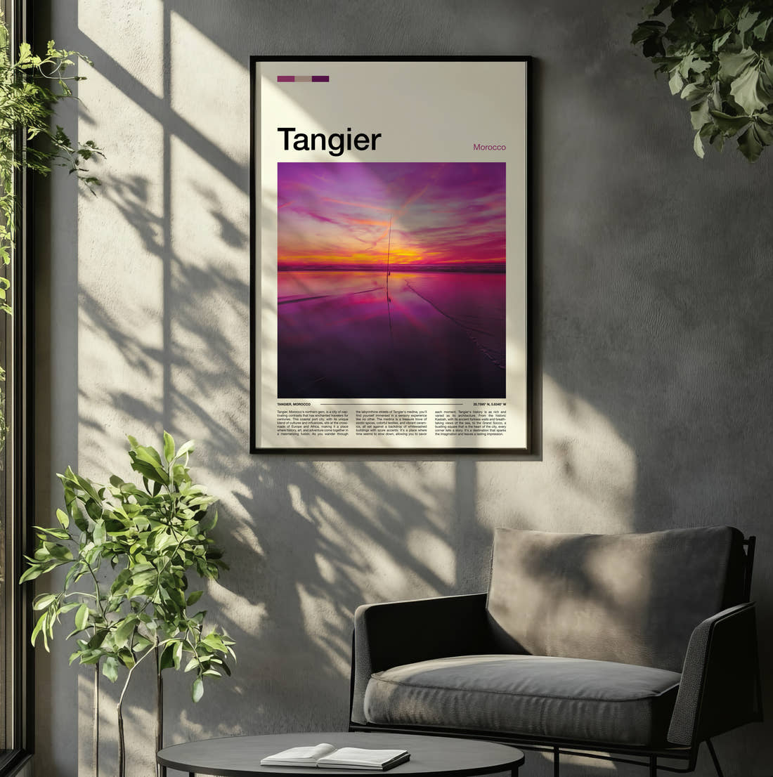 Tangier Pink Sunset Over Water Travel Print framed on the wall of a relaxed living room