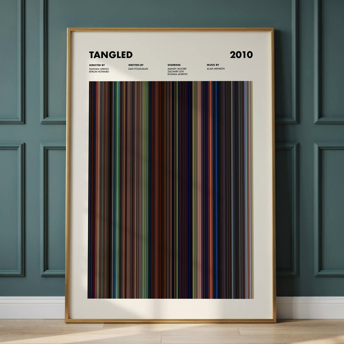 Tangled Movie Barcode Poster framed and leaning against a panelled wall