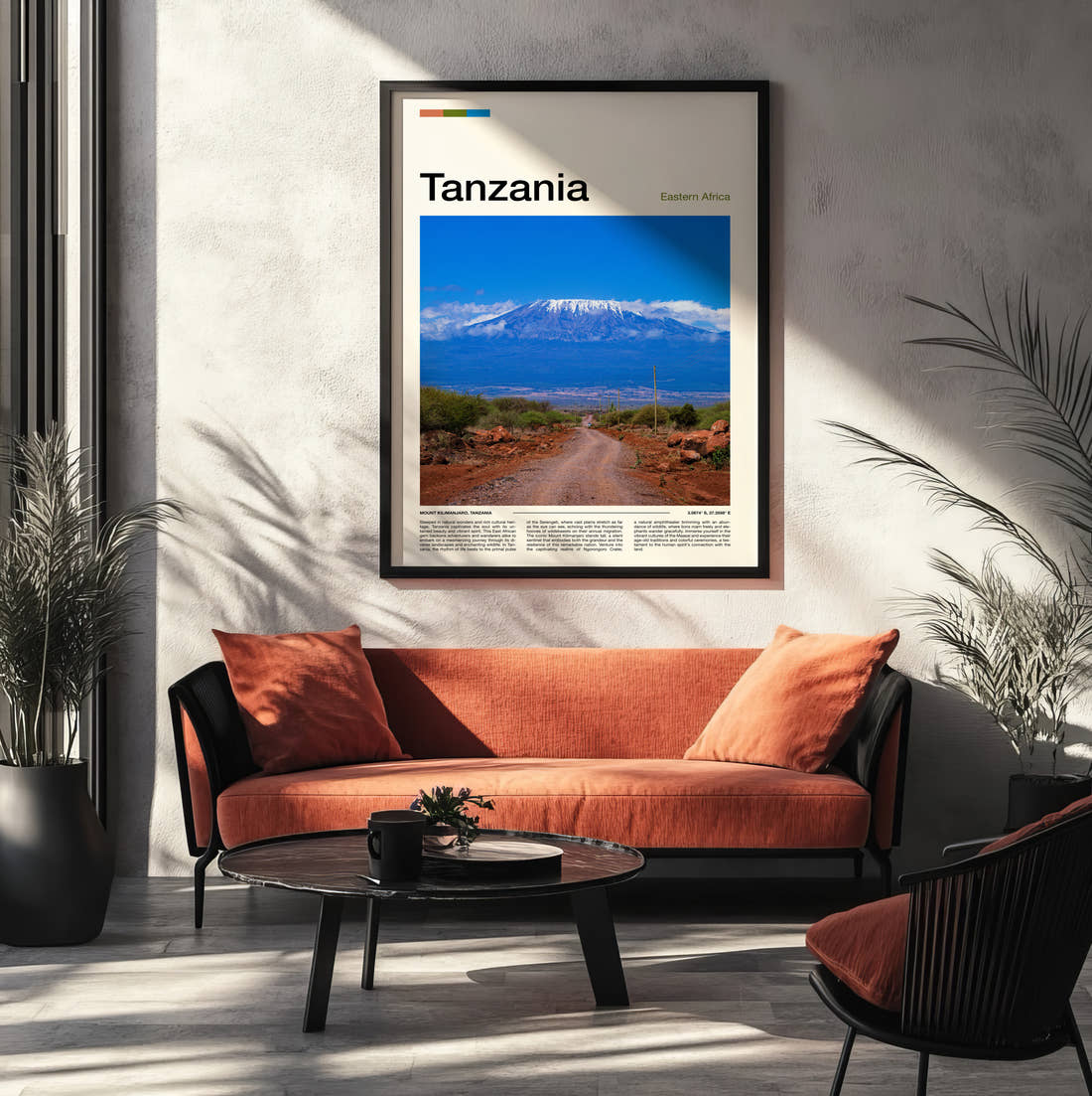 Tanzania Mount Kilimanjaro Beyond The Road Travel Print framed on the wall of a modern living room