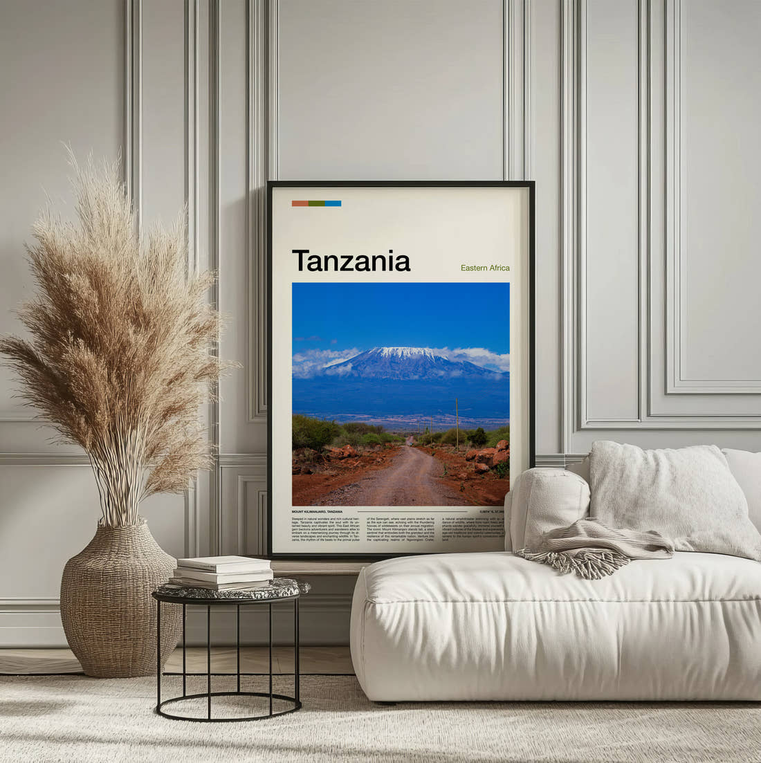 Tanzania Mount Kilimanjaro Beyond The Road Travel Print framed on the wall of a calm, neutral bedroom