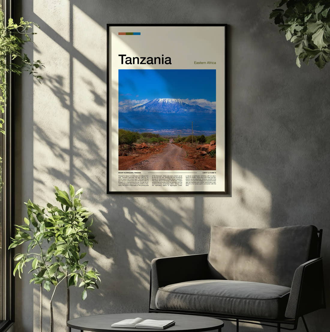 Tanzania Mount Kilimanjaro Beyond The Road Travel Print framed on the wall of a relaxed living room