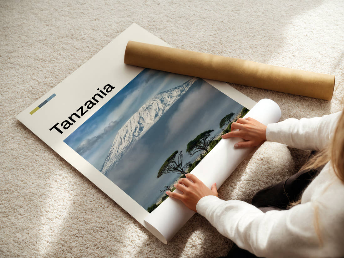 Tanzania Mount Kilimanjaro Above The Clouds Travel Print being unrolled from its postal tube