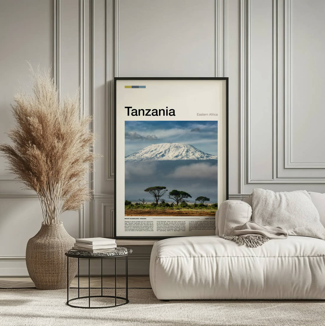 Tanzania Mount Kilimanjaro Above The Clouds Travel Print framed on the wall of a calm, neutral bedroom