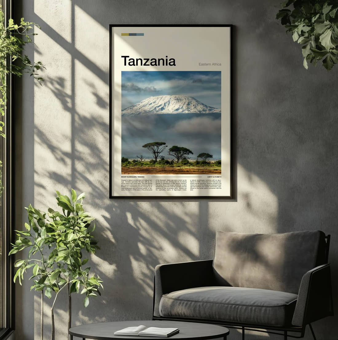 Tanzania Mount Kilimanjaro Above The Clouds Travel Print framed on the wall of a relaxed living room