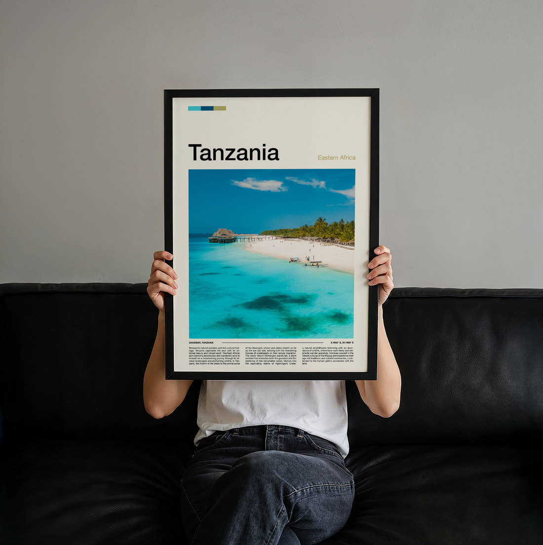 Tanzania Turquoise Lagoon Travel Print held up by hand to show the size of the print