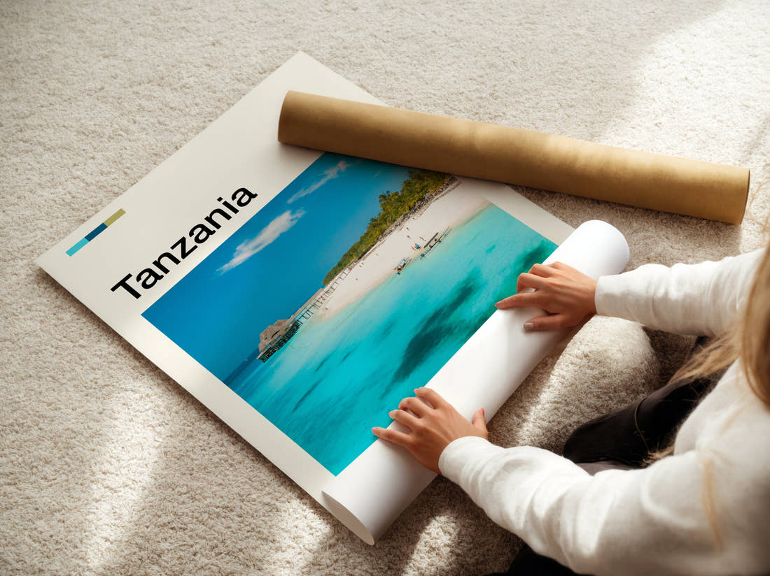 Tanzania Turquoise Lagoon Travel Print being unrolled from its postal tube