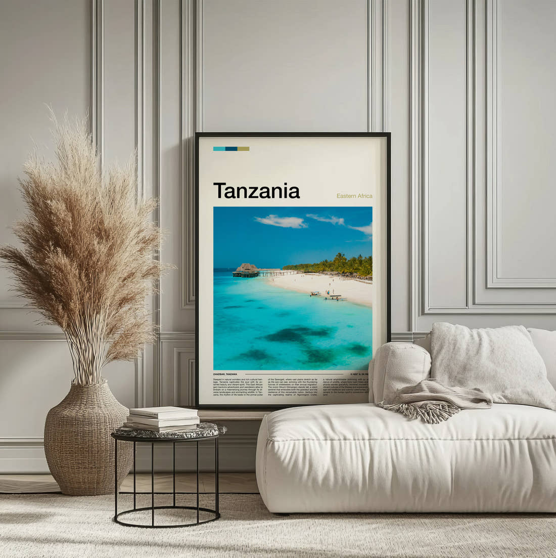 Tanzania Turquoise Lagoon Travel Print framed on the wall of a calm, neutral bedroom