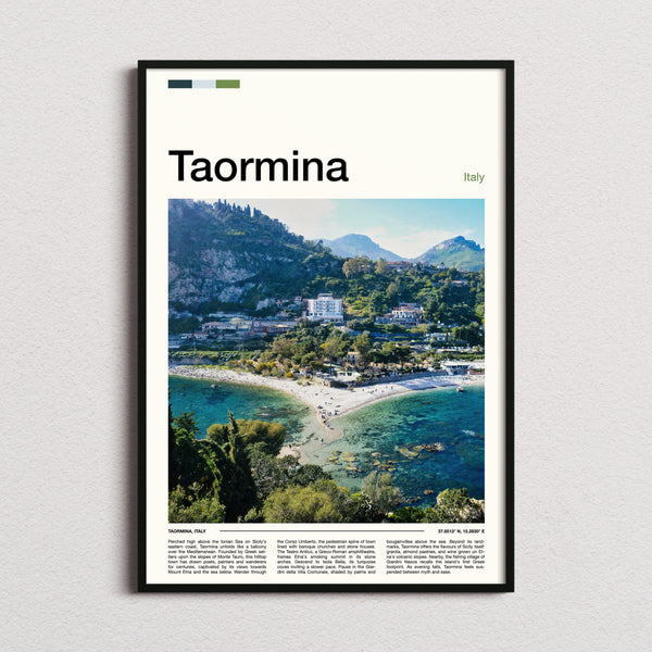 Taormina Coastal Hillside View Travel Print framed and photographed straight on