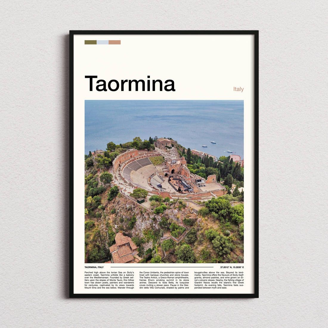 Taormina Ancient Amphitheatre Aerial Travel Print framed and photographed straight on
