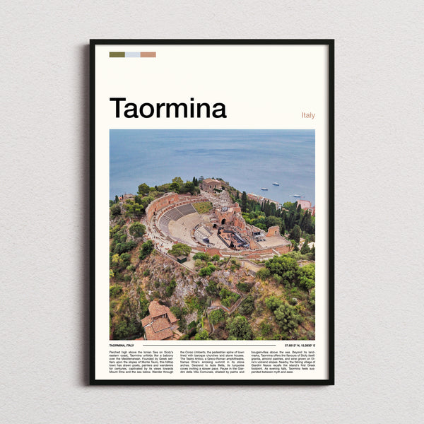 Taormina Ancient Amphitheatre Aerial Travel Print framed and photographed straight on