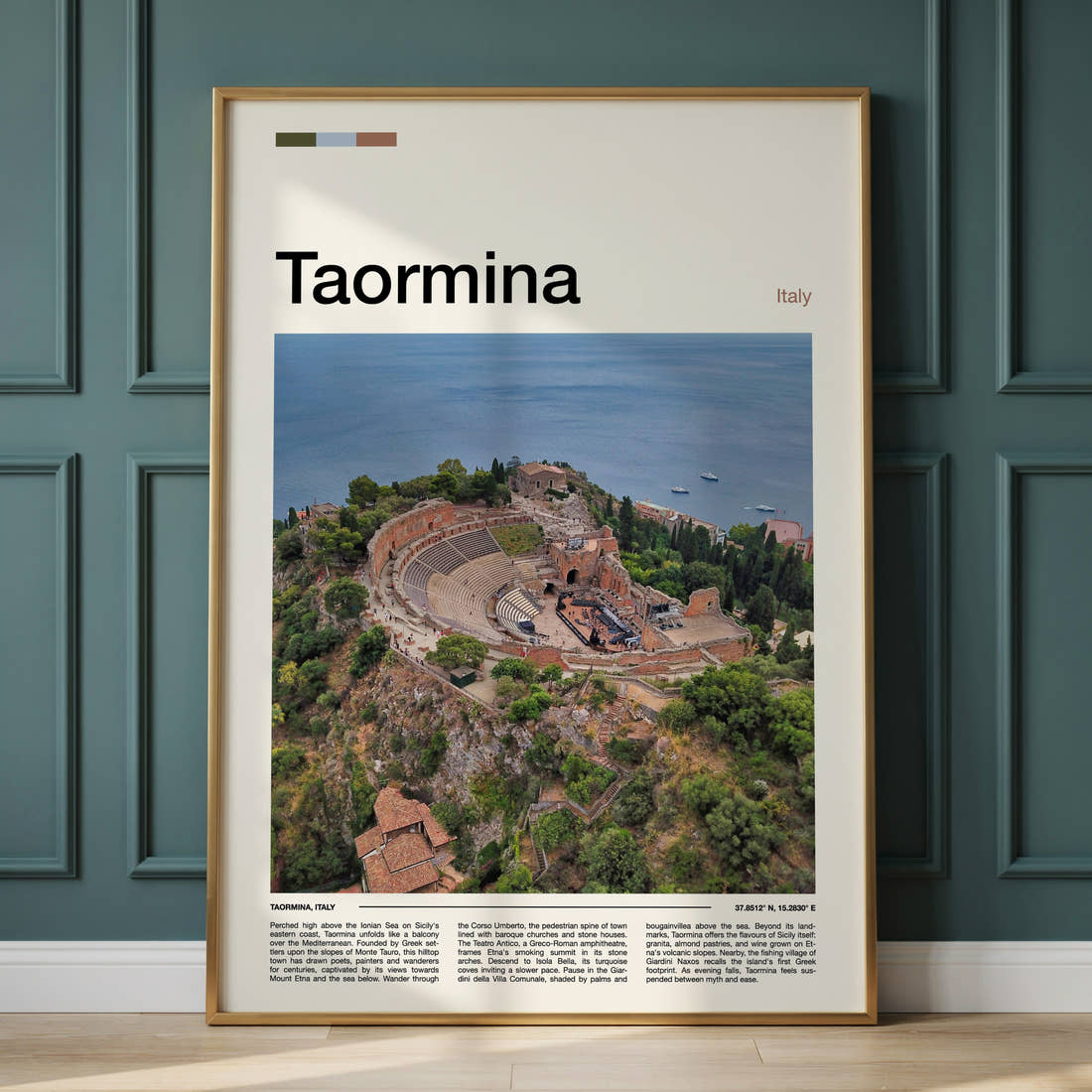 Taormina Ancient Amphitheatre Aerial Travel Print framed on the wall of a calm, neutral bedroom