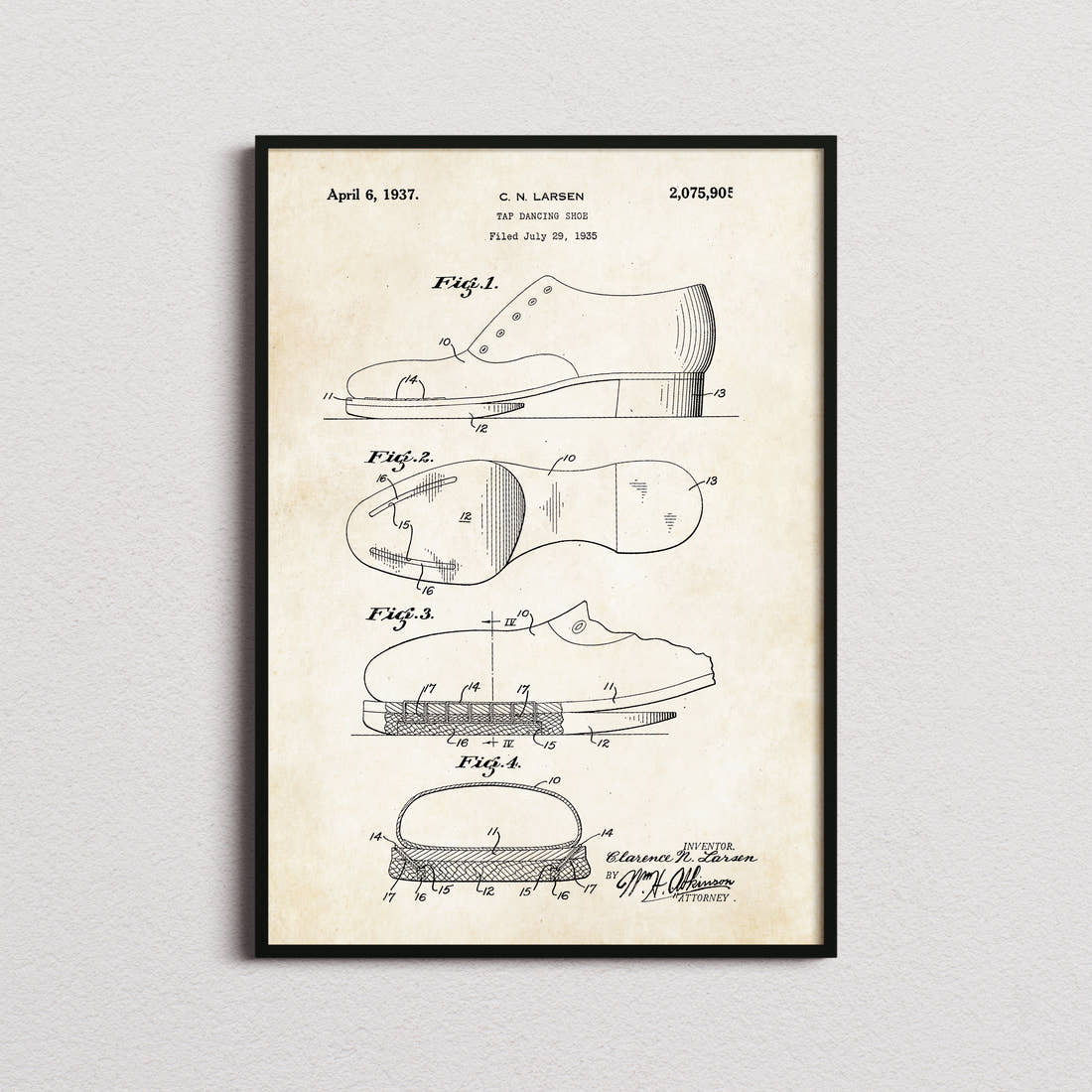Tap Dancing Shoes Patent Print in the aged paper colourway, framed