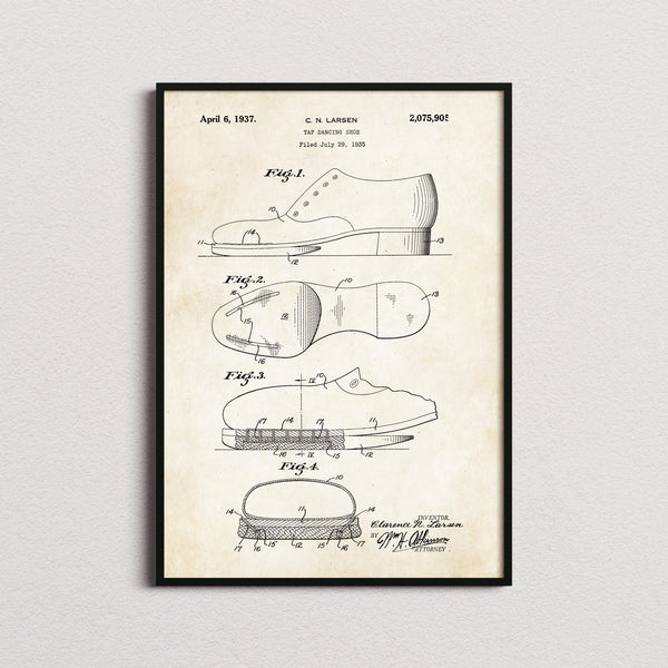 Tap Dancing Shoes Patent Print in the aged paper colourway, framed