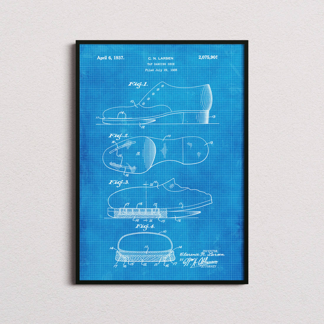 Tap Dancing Shoes Patent Print in the blueprint colourway, framed