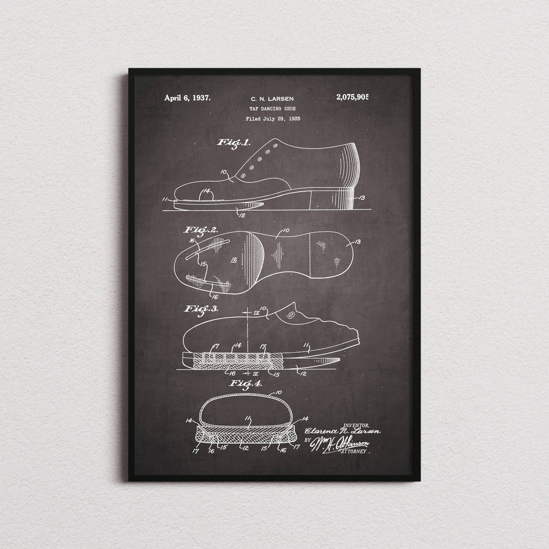 Tap Dancing Shoes Patent Print in the blackboard colourway, framed