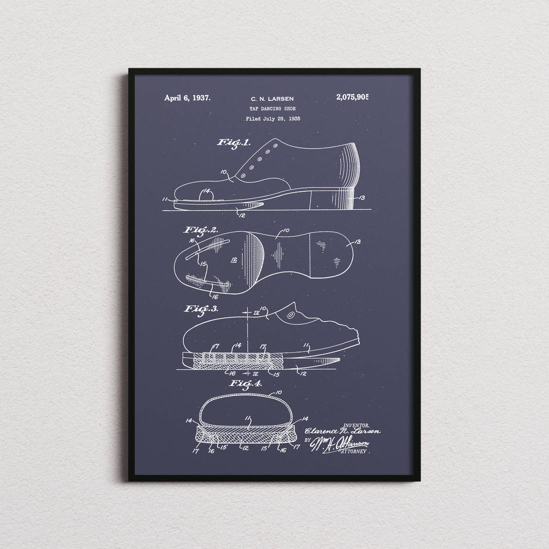 Tap Dancing Shoes Patent Print in the navy colourway, framed